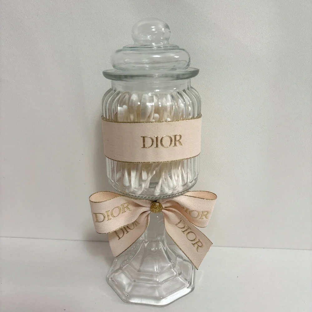Dior Ribbon Jar Glass Container Clear Lid Covered